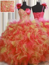  One Shoulder Handcrafted Flower Beading and Ruffles and Hand Made Flower Sweet 16 Dress Multi-color Lace Up Sleeveless Floor Length