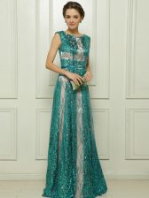 High Quality Teal Tulle Zipper Scoop Sleeveless Floor Length Dress for Prom Beading and Sequins