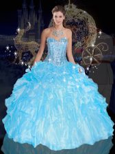  Blue Sleeveless Floor Length Beading and Ruffles Lace Up Sweet 16 Quinceanera Dress
