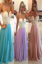 Elegant Beading Evening Dress Blue Clasp Handle Sleeveless Floor Length