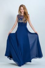 Inexpensive Scoop Floor Length Zipper Prom Party Dress Navy Blue for Prom and Party with Beading
