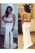Modern Scoop Sleeveless Beading and Appliques Zipper Evening Dress with White Sweep Train