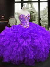  Sweetheart Sleeveless 15th Birthday Dress Floor Length Embroidery and Ruffles Purple Organza
