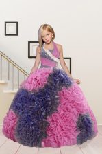  Halter Top Sleeveless Girls Pageant Dresses Floor Length Beading and Ruffles Pink and Dark Purple Fabric With Rolling Flowers