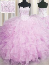 Extravagant Visible Boning Pink Scalloped Lace Up Beading and Ruffles Quinceanera Gowns Sleeveless