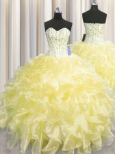 Simple Visible Boning Zipper Up Sleeveless Beading and Ruffles Zipper Quinceanera Gown
