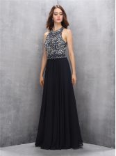  Black Chiffon Backless Halter Top Sleeveless Floor Length Prom Party Dress Beading