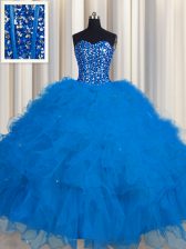 Beautiful Visible Boning Floor Length Blue Quince Ball Gowns Sweetheart Sleeveless Lace Up