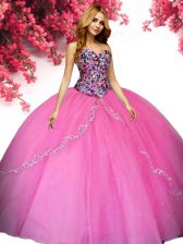 Exquisite Sleeveless Floor Length Beading Lace Up Quinceanera Dresses with Hot Pink