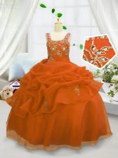 Affordable Pick Ups Floor Length Ball Gowns Sleeveless Orange Little Girls Pageant Dress Lace Up