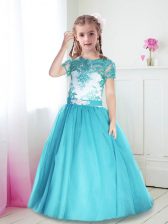 Lovely Scoop Short Sleeves Flower Girl Dress Floor Length Lace and Belt Turquoise Tulle