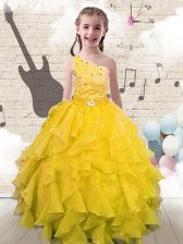 Custom Made One Shoulder Yellow Sleeveless Organza Lace Up Kids Pageant Dress for Party and Wedding Party
