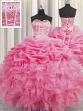 Decent Visible Boning Rose Pink Ball Gowns Sweetheart Sleeveless Organza Floor Length Lace Up Beading and Ruffles and Pick Ups 15 Quinceanera Dress
