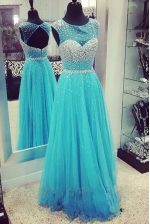  Scoop Turquoise Column/Sheath Beading Prom Dresses Zipper Chiffon Sleeveless Floor Length
