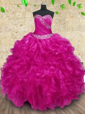 Dazzling Organza Sweetheart Sleeveless Lace Up Beading and Ruffles and Ruching Quinceanera Dress in Fuchsia