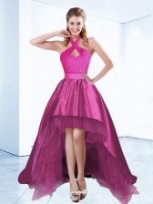 Designer Halter Top High Low Ball Gowns Sleeveless Fuchsia Prom Evening Gown Zipper