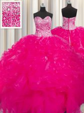 Fashion Visible Boning Beaded Bodice Beading and Ruffles Sweet 16 Dress Hot Pink Lace Up Sleeveless Floor Length