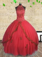  Halter Top Red Tulle Lace Up Sweet 16 Quinceanera Dress Sleeveless Floor Length Beading