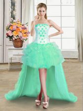 Fashion Turquoise Sleeveless Tulle Lace Up Prom Gown for Prom and Party