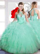 Artistic Floor Length Apple Green Quinceanera Gowns High-neck Sleeveless Lace Up