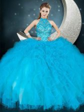 Customized Halter Top Sleeveless 15 Quinceanera Dress Floor Length Beading and Ruffles Baby Blue Tulle