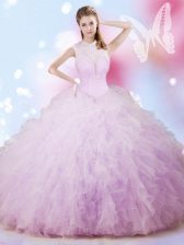 Designer High-neck Sleeveless Tulle Sweet 16 Dresses Beading and Ruffles Lace Up