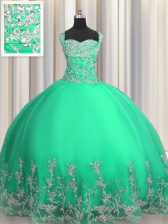 Fine Turquoise Organza Lace Up Ball Gown Prom Dress Sleeveless Floor Length Beading and Appliques