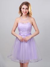 Amazing Lavender A-line Halter Top Sleeveless Tulle Mini Length Lace Up Lace and Appliques and Belt Court Dresses for Sweet 16