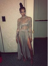 Delicate Grey A-line Scoop Long Sleeves Satin Floor Length Zipper Beading 