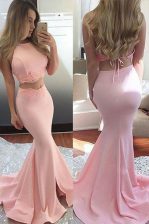  Scoop Pink Mermaid Lace Prom Dress Backless Elastic Woven Satin Sleeveless With Train