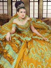 Beauteous Off the Shoulder Gold Lace Up Quinceanera Gown Embroidery Sleeveless Floor Length