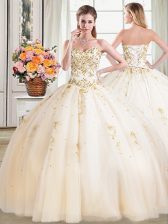 Beauteous Champagne Ball Gowns Tulle Sweetheart Sleeveless Beading Floor Length Lace Up Quince Ball Gowns