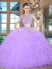  Scoop Lavender Cap Sleeves Floor Length Beading and Appliques and Ruffles Zipper Quinceanera Gown