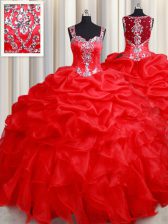  Straps Organza Sleeveless Floor Length 15th Birthday Dress and Beading and Ruffles