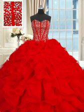  With Train Ball Gowns Sleeveless Red Ball Gown Prom Dress Brush Train Lace Up