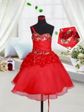 Extravagant One Shoulder Organza Sleeveless Mini Length Flower Girl Dress and Sequins and Hand Made Flower