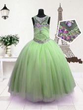 Hot Selling Scoop Green Sleeveless Floor Length Beading Zipper Little Girls Pageant Dress