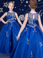 Trendy Royal Blue Organza Zipper Scoop Sleeveless Floor Length Little Girl Pageant Gowns Beading and Appliques