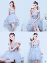  Grey Dama Dress for Quinceanera Prom and Party and Wedding Party with Lace and Ruffles and Ruffled Layers and Bowknot Scoop Sleeveless Lace Up