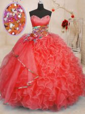  Sleeveless Organza Floor Length Lace Up Sweet 16 Dress in Coral Red with Beading and Ruffles
