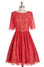 Luxury Scoop Lace Short Sleeves Zipper Knee Length Belt 