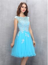  Scoop Knee Length Blue Prom Evening Gown Organza Cap Sleeves Beading and Appliques