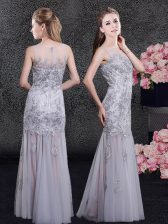 Pretty Scoop Grey Tulle Zipper Prom Evening Gown Sleeveless Floor Length Lace and Appliques