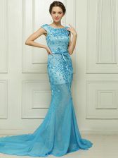  Baby Blue Mermaid Chiffon Bateau Sleeveless Beading and Appliques With Train Zipper Dress for Prom Brush Train