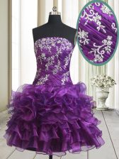 Admirable Purple Organza Lace Up Prom Evening Gown Sleeveless Mini Length Beading and Ruffled Layers