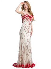  With Train White And Red Evening Dress Scoop Sleeveless Sweep Train Clasp Handle