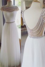 Tulle Cap Sleeves Floor Length Evening Dress and Beading