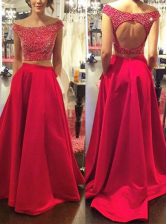Beauteous Off the Shoulder Sleeveless With Train Beading Backless Dress for Prom with Red Sweep Train