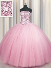  Big Puffy Strapless Sleeveless 15 Quinceanera Dress Floor Length Sequins Pink Tulle