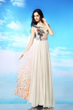 Latest White Scoop Neckline Appliques and Ruching and Pattern Evening Dress Sleeveless Side Zipper